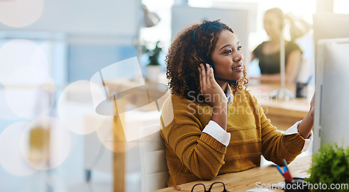 Image of Contact us, crm or happy woman in call center consulting, speaking or talking at customer services. Virtual assistant, friendly or sales consultant in telemarketing or telecom company help desk