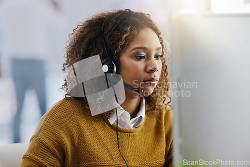 Image of Communication, computer or woman typing in call center consulting online at customer services help desk. Focus, crm agent or biracial girl consultant in telemarketing or telecom company in office