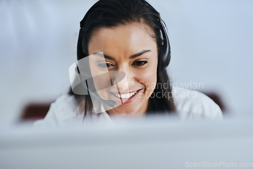 Image of Face, laughing or happy woman in call center consulting, speaking or talking at customer services. Virtual assistant, friendly or funny sales consultant in telemarketing or telecom company help desk