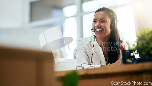 Image of Laughing, virtual assistant or happy woman in call center consulting, speaking or talking at help desk. Smile, friendly or funny sales consultant in telemarketing customer services or telecom company