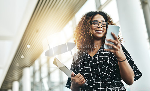 Image of Business, smile and black woman with a smartphone, typing and connection in the workplace. Female person, employee and consultant with a cellphone, check schedule and search internet for information