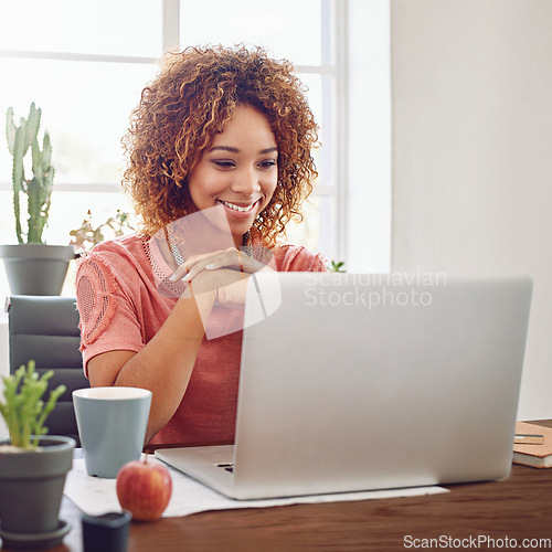 Image of Happy woman, business student and laptop for planning at desk, technology and internet in agency. Young african female, office intern and working on computer, website and smile for online research