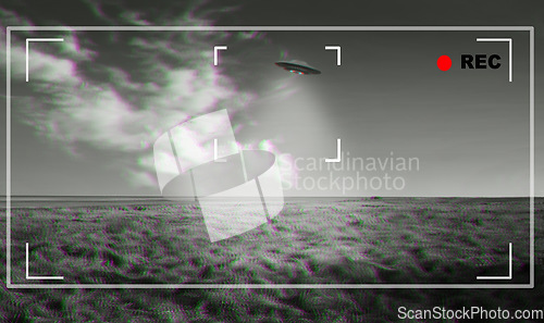 Image of UFO, alien and viewfinder on a camera display to record a flying saucer in the sky over area 51. Camcorder, sighting and conspiracy with a spaceship on a recording device screen outdoor in nature