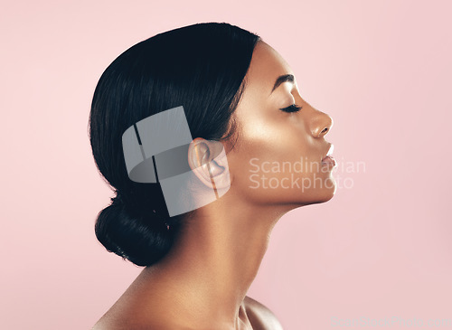 Image of Makeup, beauty and face of Indian woman for skincare, facial or wellness treatment or dermatology, spa or cosmetics in studio. Girl, selfcare or luxury mockup or isolated profile with skin confidence