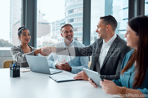 Image of Business people, handshake and welcome meeting for crm team motivation and hr partnership collaboration in office. Thank you, well done goals and shaking hands for recruitment, hiring and onboarding