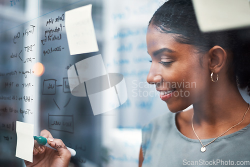 Image of Business woman, brainstorming ideas on glass board and writing, sticky note with strategy and employee with smile. Face, storyboard and notes with planning, schedule and happy female professional