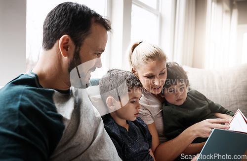 Image of Family with book, reading with parents and children, happiness at home, story time and learning. Love, relationship and happy people bonding and care in living room with education and development