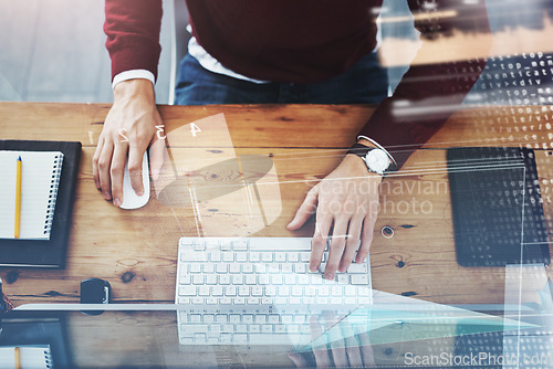 Image of Software, hologram and hands at computer for coding, data analytics and programming at office desk from above. Closeup, man and developer typing on keyboard, algorithm and overlay of database network