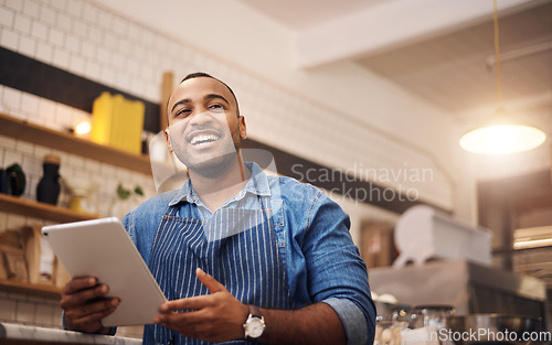 Image of Waiter, tablet and manager with man in cafe for online, entrepreneurship or startup. African, technology and food industry with small business owner in restaurant for barista, planning or coffee shop