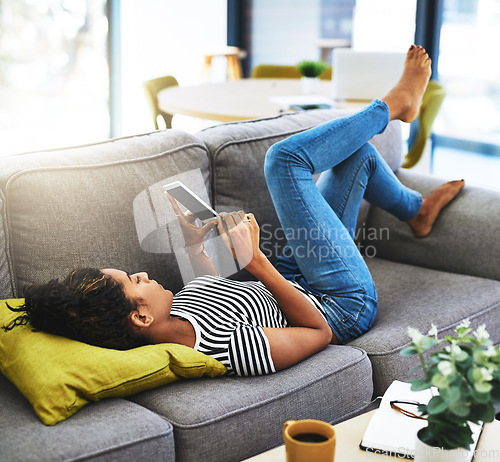 Image of Weekend, phone and woman relax on sofa in home for network, online website and social media. Communication, mobile app and female person on smartphone for chat, text message and internet connection