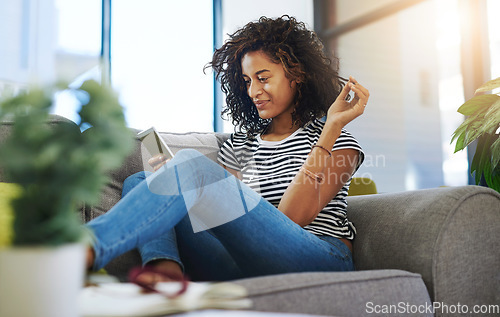 Image of Relax, phone and happy woman on sofa in home for network, online website and social media. Communication, mobile app and female person on smartphone for chatting, text message and internet connection