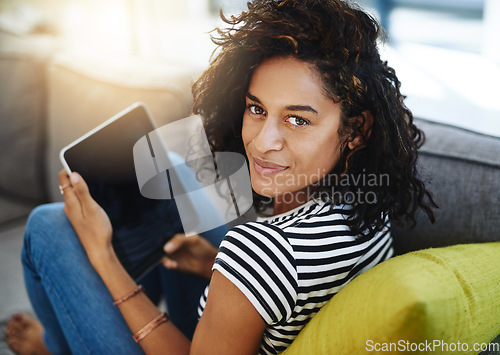 Image of Relax, tablet and portrait of woman on sofa in home for network, online website and social media. Communication, mobile app and African female person on digital tech for chat, message and internet