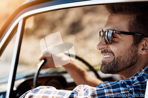 Image of Road trip, happy and man travel in car driving for adventure, summer vacation and holiday. Transportation, relax and face of male person in motor vehicle for freedom, journey and happiness in window