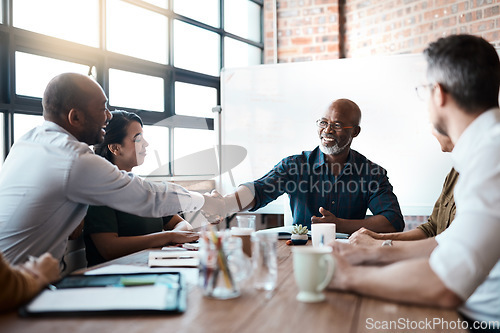 Image of Business people, meeting and shaking hands for deal, partnership and senior collaboration. Funny, handshake and black men with agreement, congratulations or b2b, group acquisition and thank you.