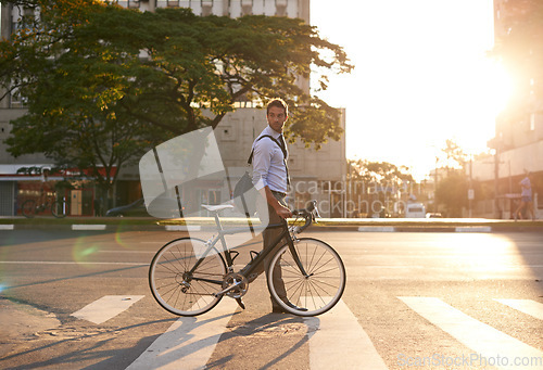 Image of Morning, bike and business man in city for commute, travel and carbon footprint. Cycling, transportation and urban with male employee walking on crosswalk for journey, transit and professional