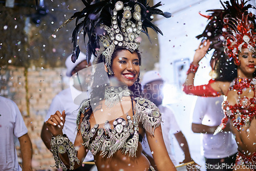 Image of Carnival, woman and smile while dancing at party festival or event. Music or entertainment, dance competition or musical show and happy female dancer performing at night concert or celebrating in joy