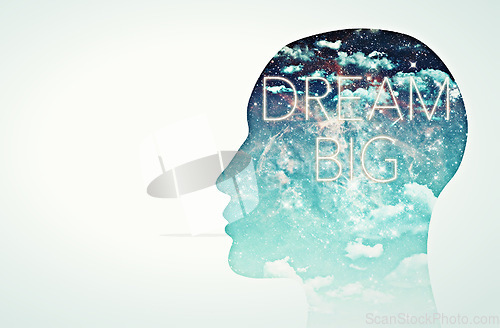 Image of Double exposure, mind and dream with a universe in the head of a silhouette for fantasy as a digital illustration. Star galaxy, light and overlay as a symbol of mental awareness or free thinking