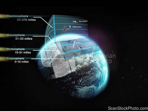 Image of Earth, atmosphere layers and info on globe in dark space for astronomy study, science or light in galaxy. 3d sphere, research and sky for education, stars or satelite in solar system, world or cosmos