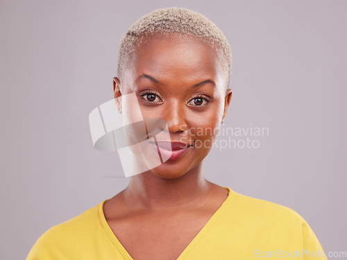 Image of Face portrait, smile and and a black woman with makeup isolated on a white background in a studio. Happy, cosmetic and an African girl with facial cosmetics, wellness and confidence on a backdrop