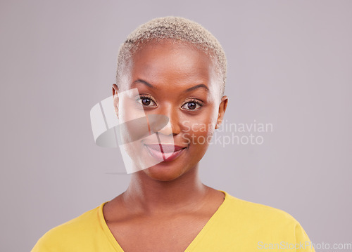 Image of Face portrait, young and and a black woman with makeup isolated on a white background in a studio. Happy, cosmetic and an African girl with facial cosmetics, wellness and confidence on a backdrop