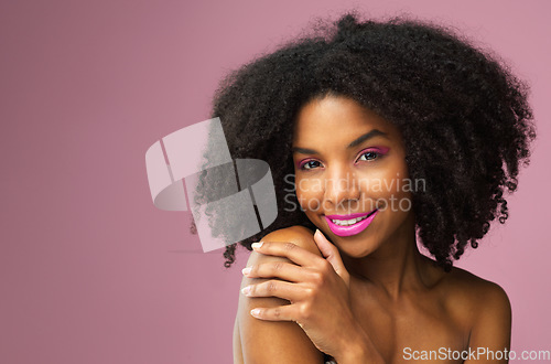 Image of Hair care, face and smile of black woman with makeup in studio isolated on a pink background mockup for skincare. Hairstyle portrait, cosmetics and African female model with salon treatment for afro.