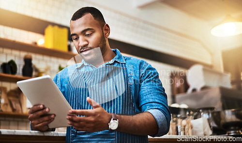 Image of Waiter, tablet and manager with man in cafe for online, entrepreneurship and startup. Professional, technology and food industry with small business owner in restaurant for barista and coffee shop