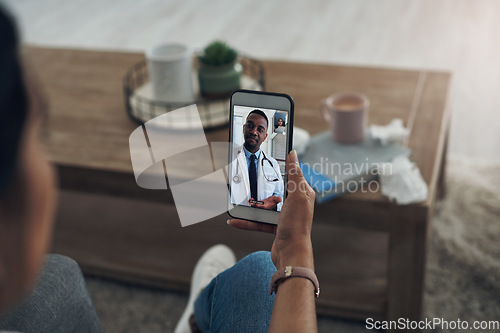 Image of Phone, remote consulting with a doctor and a patient in the home for healthcare, medical or insurance. Video call, communication and contact with a person talking to a medicine professional online