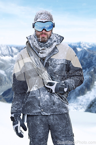 Image of Nature, portrait and man in snow with climbing gear during winter, cold and extreme weather background. Male person mountaineering and covered in snowfall for environment holiday or travel vacation