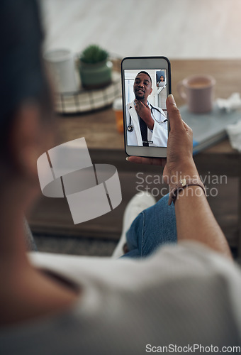 Image of Phone, remote telehealth with a doctor and a patient in the home for healthcare, medical or insurance. Video call, communication and contact with a medicine professional consulting a person online