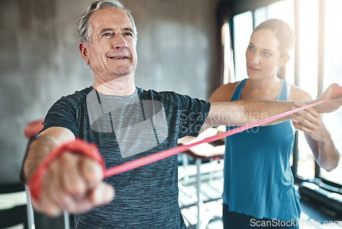 Image of Physiotherapy, rehabilitation or fitness with an old man and woman coach training together for recovery. Healthcare, wellness and strength with a female physiotherapist helping a senior patient