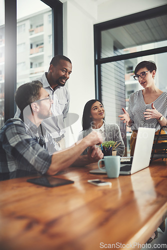 Image of Teamwork, laptop and coaching with business people in meeting for project management, review or planning. Technology, website and training with group of employees in office for collaboration and idea