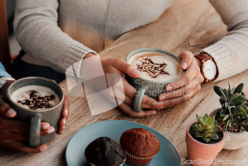 Image of Latte cup, people hands and art in customer services, restaurant creativity and hospitality or food industry for inspiration. Cafe shop, women closeup and espresso, chocolate cupcake and coffee drink