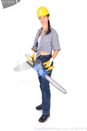 Image of Beauty woman with chainsaw