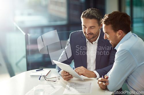 Image of Tablet work, happy and business people in meeting for planning, collaboration and strategy. Smile, speaking and corporate men reading information on technology for a plan, ideas or teamwork in office