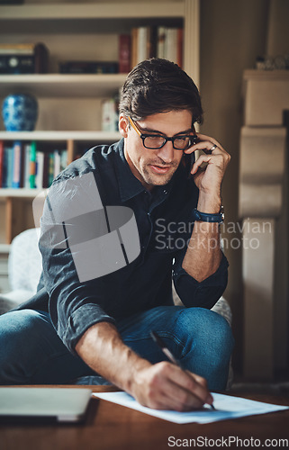 Image of Home, phone call and man planning, business and conversation for new project, feedback and remote work. Male person, entrepreneur and consultant on a couch, smartphone and communication with ideas