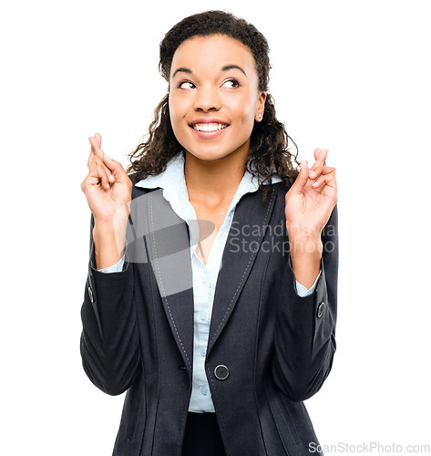 Image of Business woman, excited or fingers crossed on isolated white background in promotion, good luck or news. Smile, happy or corporate and wish hands gesture, winning hope or finance success on mock up