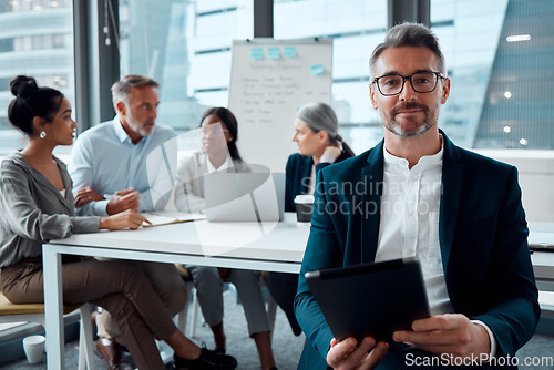 Image of Ceo, businessman and smile portrait with tablet for meeting success, teamwork collaboration and discussion in office. Senior man, employee positive mindset energy or entrepreneur tech motivation