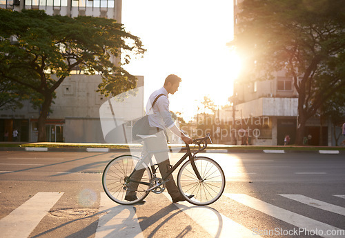 Image of Commute, bike and business man in city for morning, travel and carbon footprint. Cycling, transportation and urban with male employee walking on crosswalk for journey, transit and professional