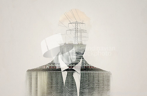 Image of Industry man, double exposure and engineering for electricity with sustainability, water and vision. Businessman, thinking and holographic overlay with development, hydroelectric energy and ideas