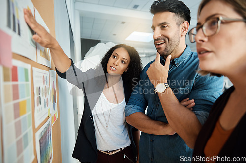 Image of Brainstorming board, collaboration and business people planning company development, research or gesture at sales statistics. Teamwork, group cooperation and team work on strategy, ideas or moodboard