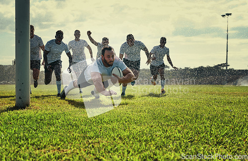 Image of Sports, men rugby team on green field and playing with a ball. Teammates with fitness or activity outdoors, collaboration or teamwork and happy or excited people celebrate a player score a try