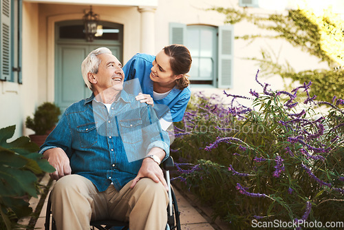 Image of Senior man, nurse and wheelchair for healthcare support, life insurance or garden walk at nursing home. Happy elderly male patient with woman caregiver for person with disability in retirement