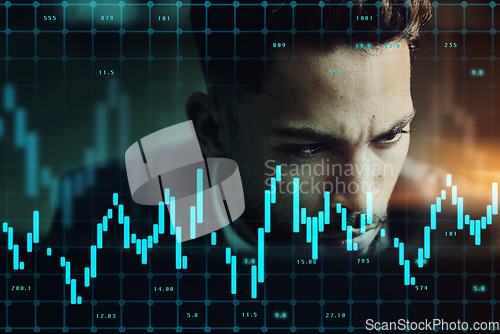 Image of Serious businessman, overlay and stock market at night for trading, graph and chart data at office. Man trader or broker working late on technology checking market trends, analytics or statistics