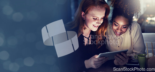 Image of Business women, tablet and bokeh mockup at night with collaboration and teamwork. Company staff, technology work and web design project of professional brainstorming and planning with banner space