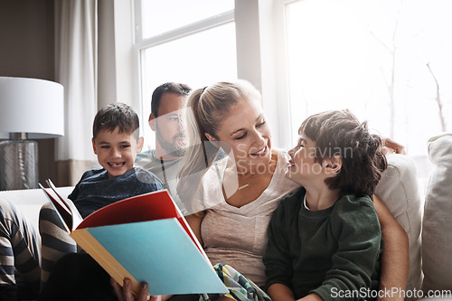 Image of Family, reading book with parents and kids, happiness at home with story time and learning. Love, relationship and happy people bonding and care in living room with education and development