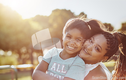 Image of Woman, young girl outdoor with smile in portrait and love, bonding in park with happiness and care. Relationship, mother and daughter spending quality time together with embrace, affection and family