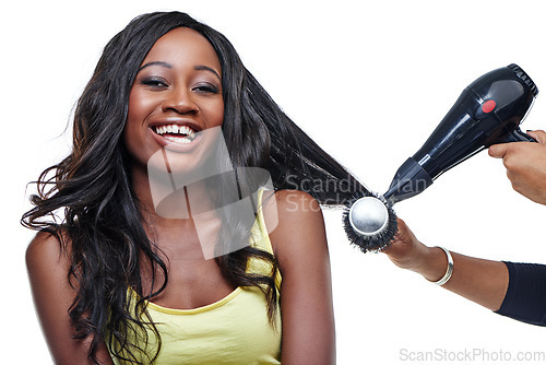 Image of Portrait, smile and black woman with hair care, tool and grooming with girl isolated against a white studio background. Face, female person and girl with cosmetics equipment and treatment for volume