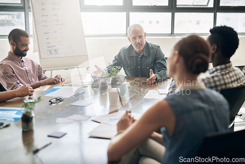 Image of Business, staff and employees in a meeting, collaboration and teamwork for coaching, brainstorming and discussion. Group, coworkers and manager with team, share ideas and planning for profit growth