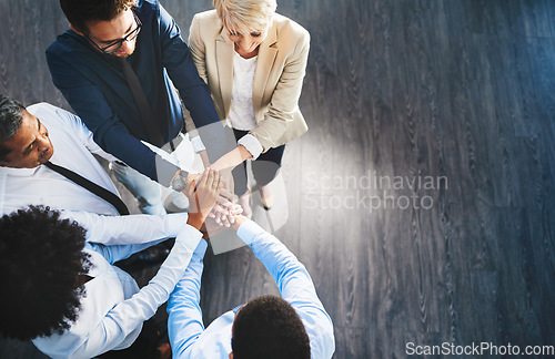 Image of Teamwork, hands or top view of meeting with business people in office for group strategy by mockup. Support, huddle or employees planning our vision, target goals or mission together with solidarity