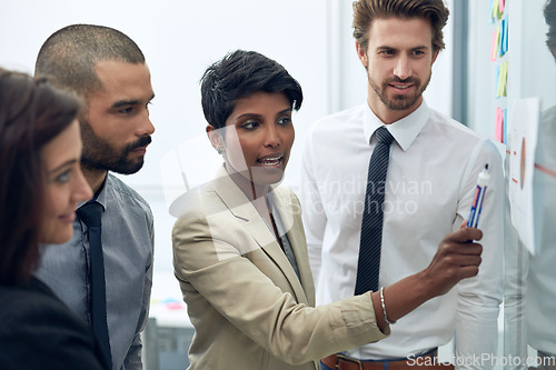 Image of Woman, manager and business group at whiteboard talking about a training plan. Working, communication and management of a female executive planning with writer team looking at workshop sticky notes